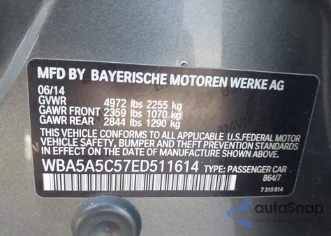 2014 BMW 528I из США, поврежденный, VIN WBA5A5C57ED511614